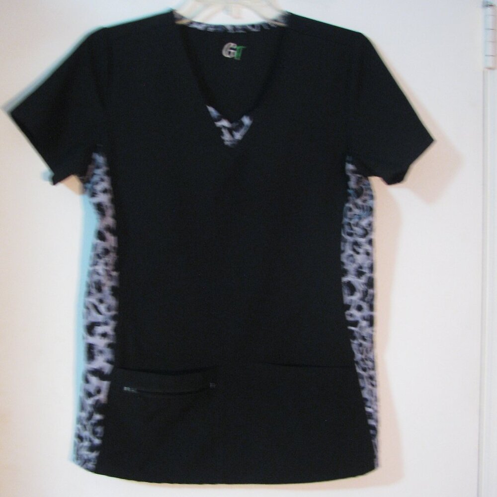 * GT Scrub Top XS Black with Animal Print Trim Super Cute Like New